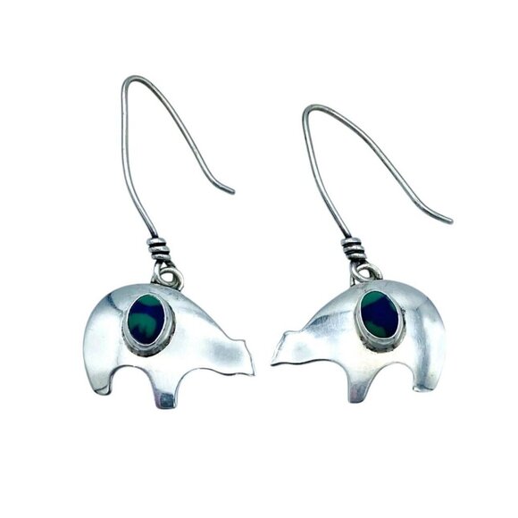 Sterling Silver Signed S.J. Azurite Malachite Bear Earrings Dangle Drop Threader - Picture 1 of 8